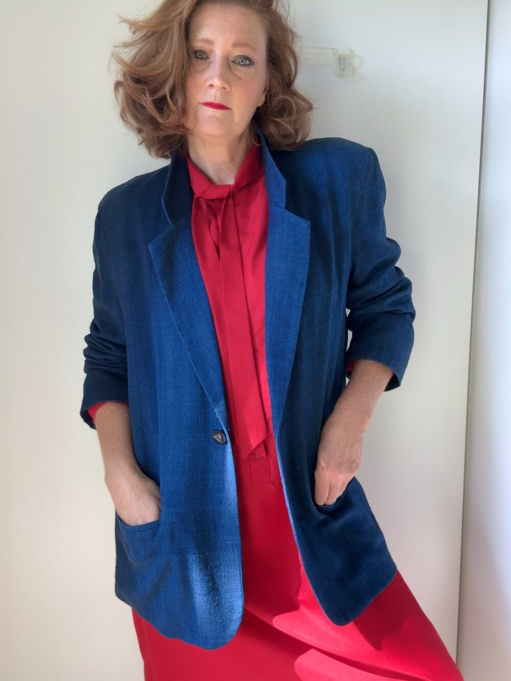 Vintage Silk Women's Blazer Denim Blue Size 8 Classic Business Layering 90s Era